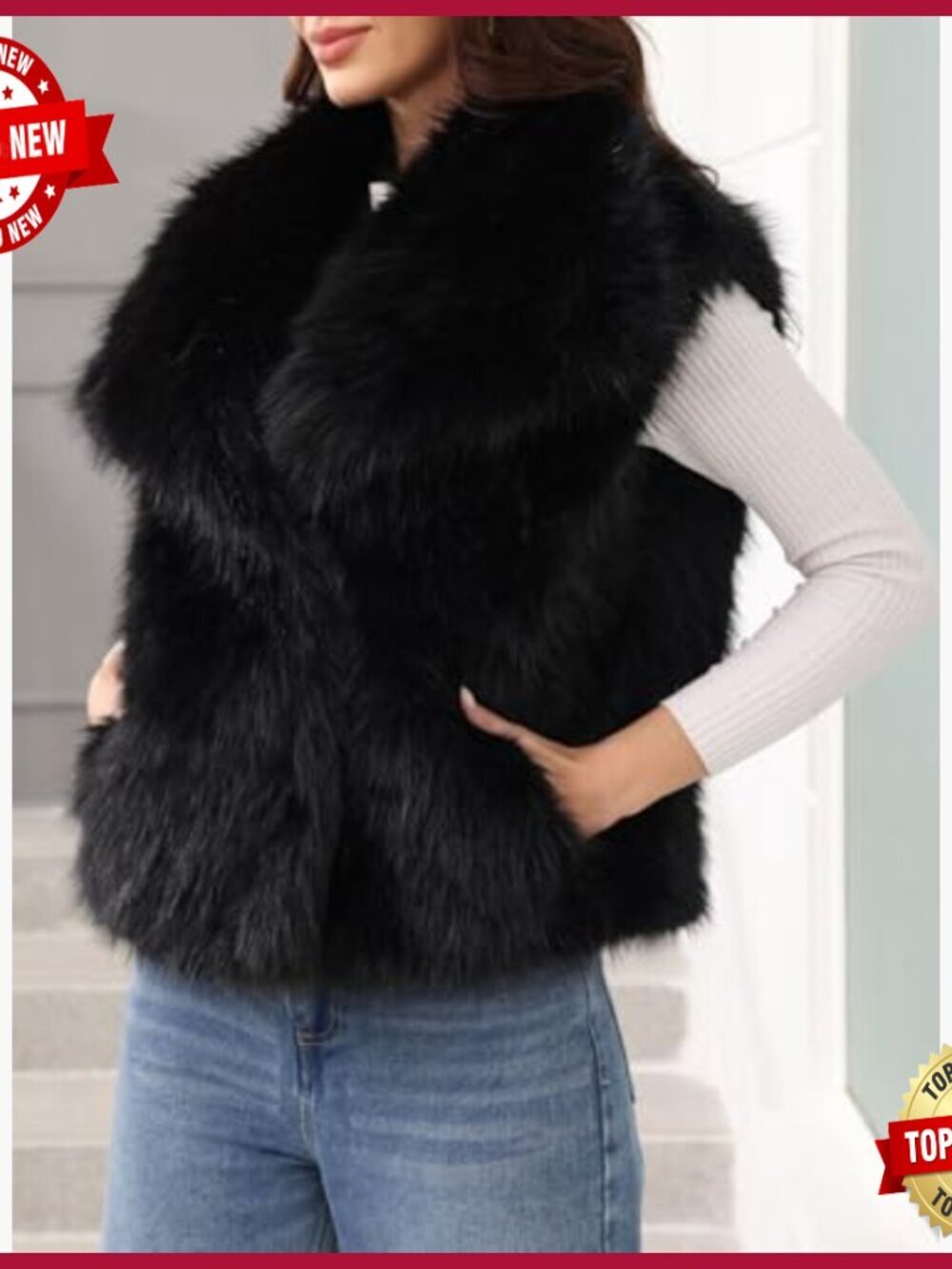 Faux Fur Vest Sleeveless Fuzzy Jacket Shaggy Winter Coat with Pockets - Picture 5 of 6